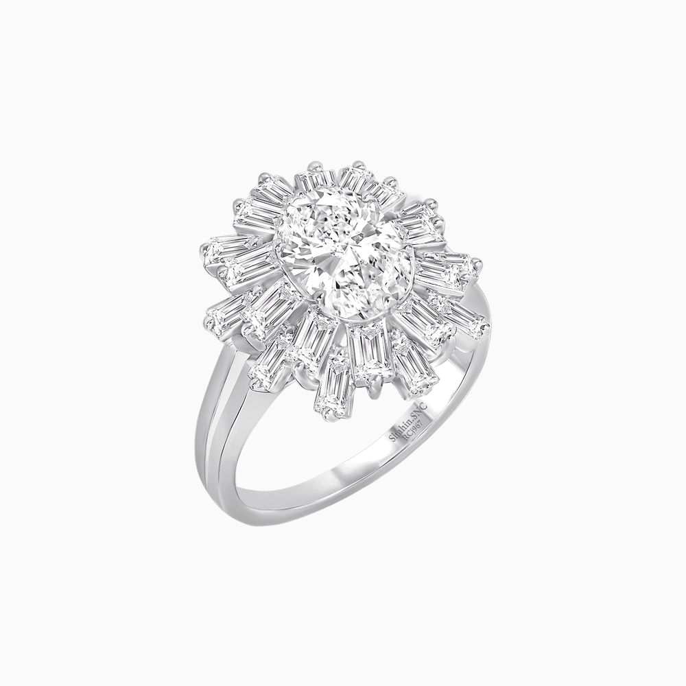 Art Deco Inspired Oval Cut Tapered Baguette Halo Ring - Shahin Jewelry