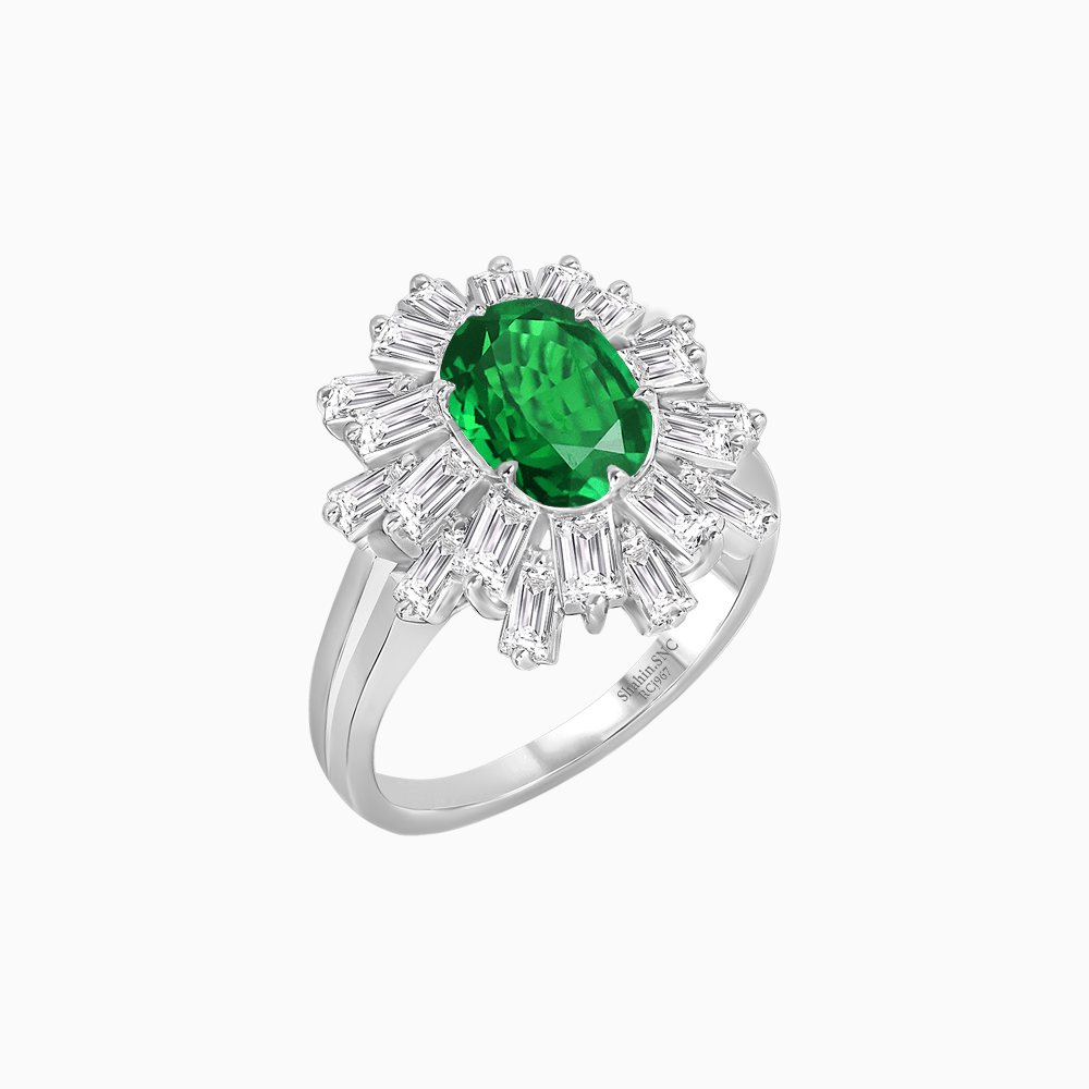 Art Deco Inspired Oval Cut Tapered Baguette Halo Ring - Shahin Jewelry