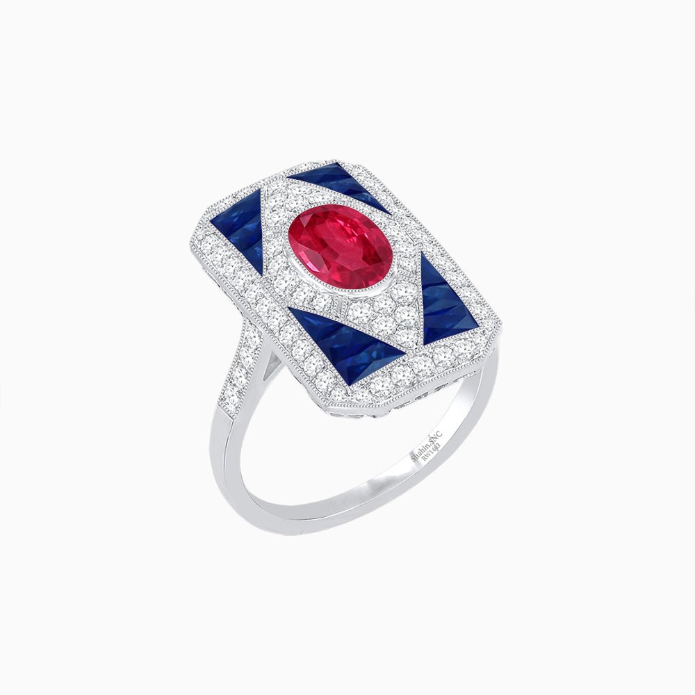 Art Deco Inspired Oval Gemstone Mosaic Diamond Ring - Shahin Jewelry