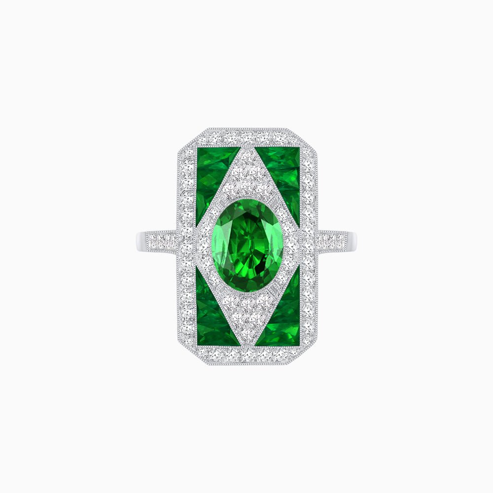 Art Deco Inspired Oval Gemstone Mosaic Diamond Ring - Shahin Jewelry