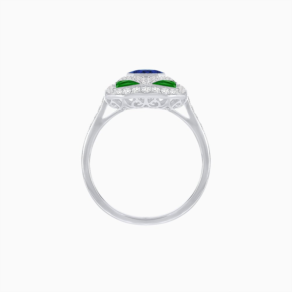 Art Deco Inspired Oval Gemstone Mosaic Diamond Ring - Shahin Jewelry