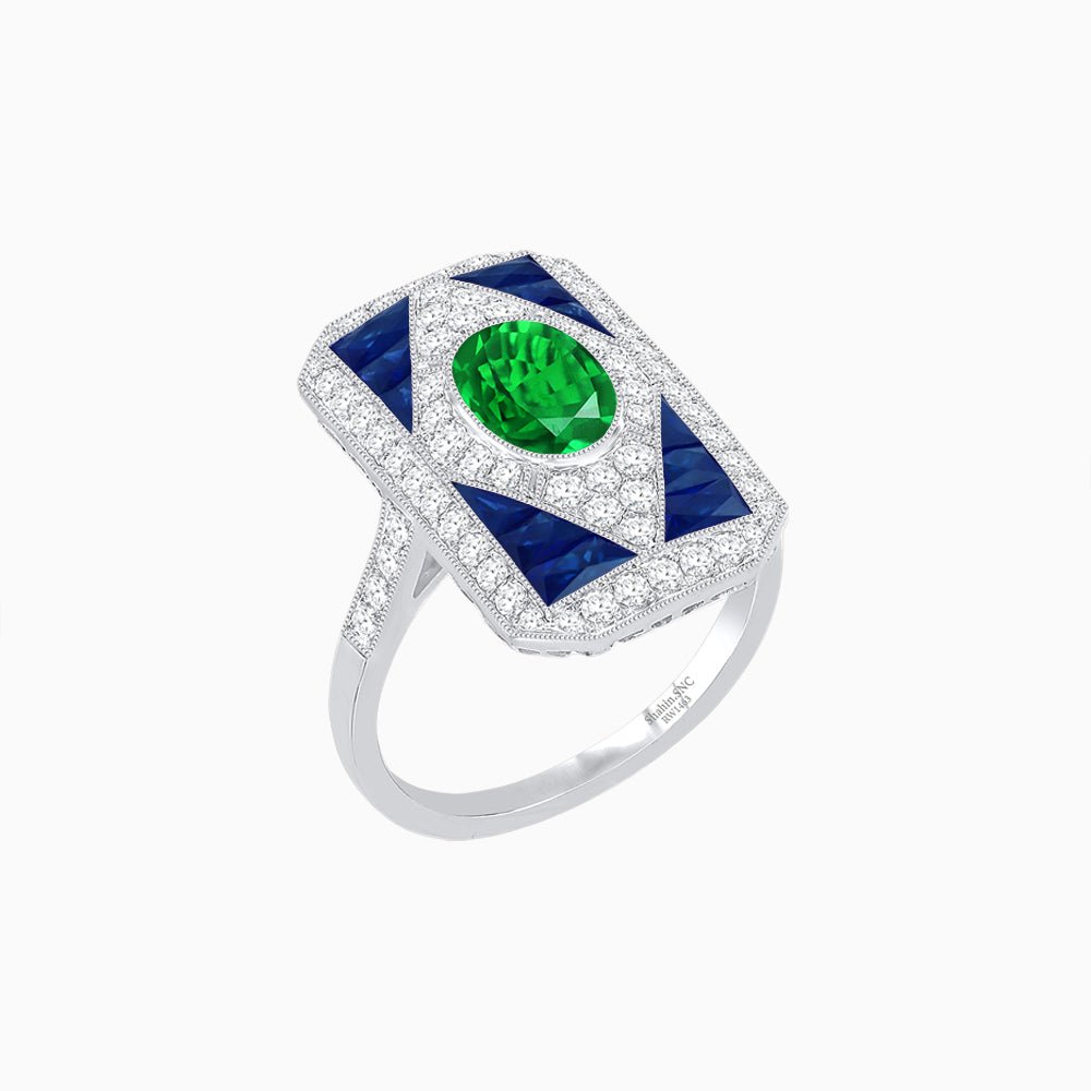 Art Deco Inspired Oval Gemstone Mosaic Diamond Ring - Shahin Jewelry