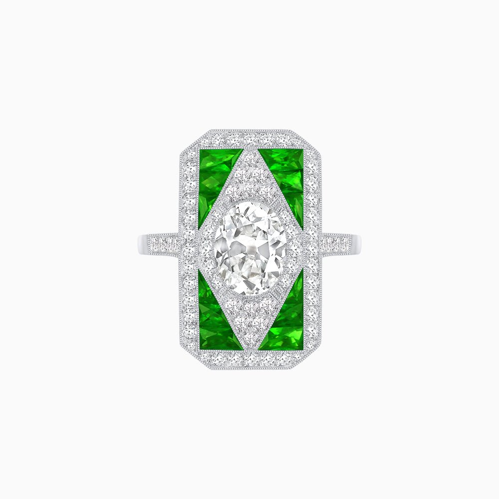 Art Deco Inspired Oval Gemstone Mosaic Diamond Ring - Shahin Jewelry