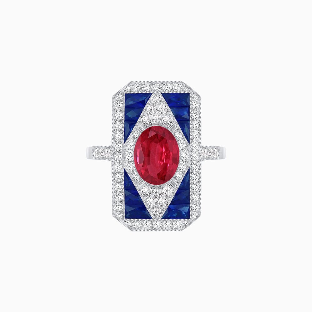 Art Deco Inspired Oval Gemstone Mosaic Diamond Ring - Shahin Jewelry
