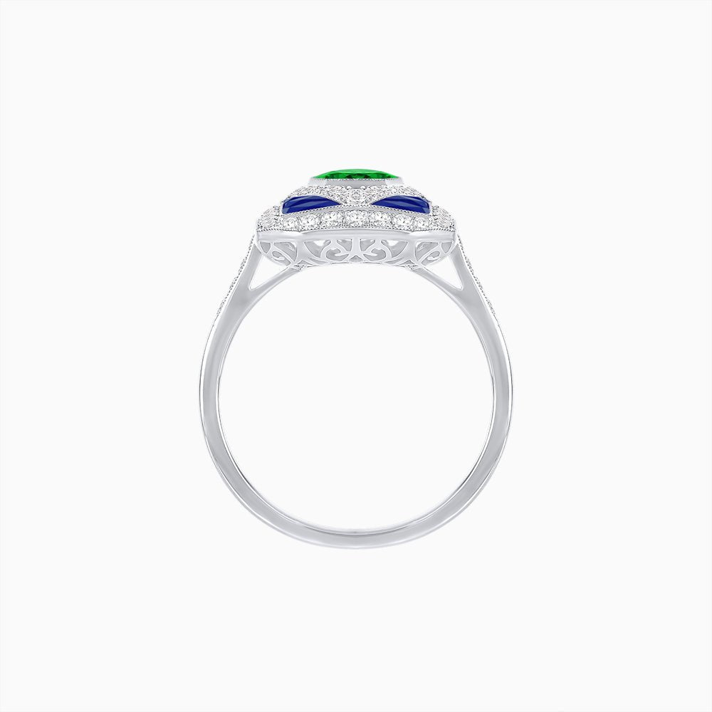 Art Deco Inspired Oval Gemstone Mosaic Diamond Ring - Shahin Jewelry