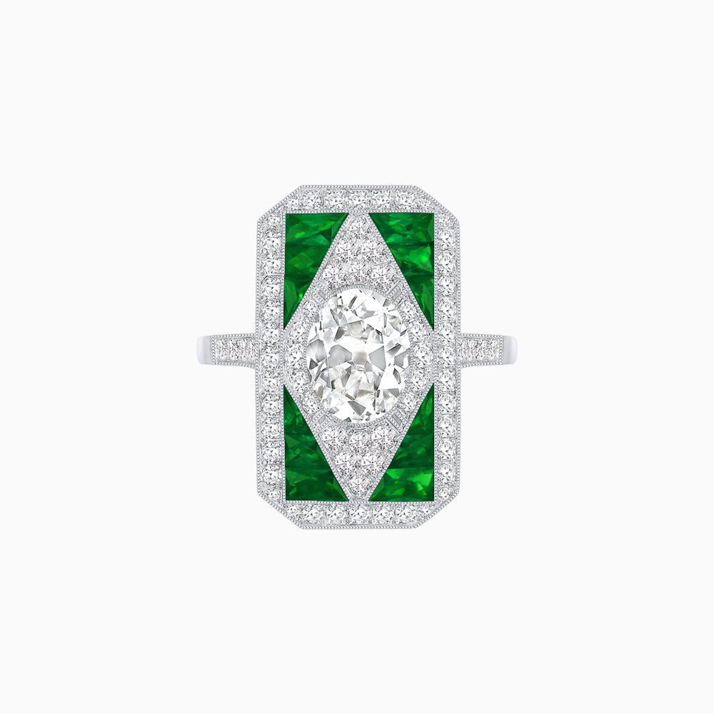 Art Deco Inspired Oval Gemstone Mosaic Diamond Ring - Shahin Jewelry