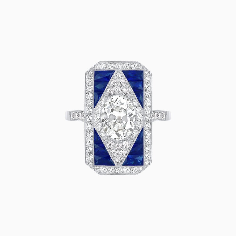 Art Deco Inspired Oval Gemstone Mosaic Diamond Ring - Shahin Jewelry