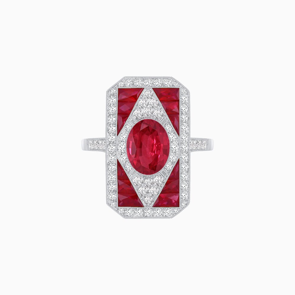 Art Deco Inspired Oval Gemstone Mosaic Diamond Ring - Shahin Jewelry
