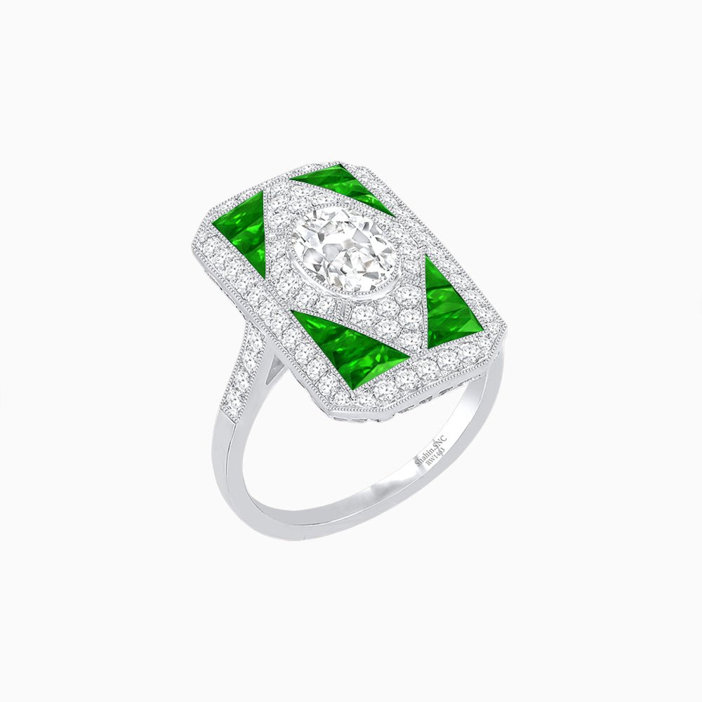 Art Deco Inspired Oval Gemstone Mosaic Diamond Ring - Shahin Jewelry