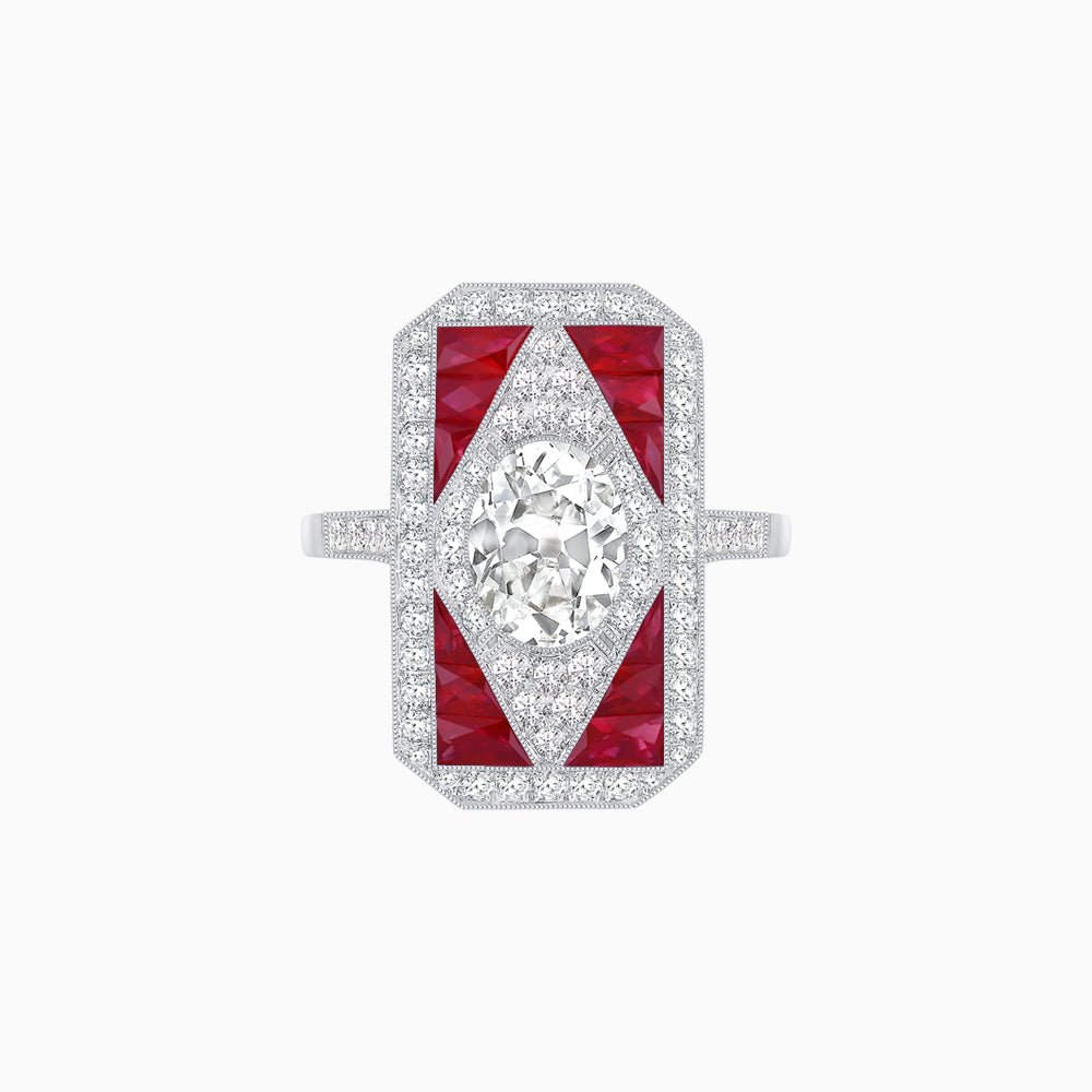 Art Deco Inspired Oval Gemstone Mosaic Diamond Ring - Shahin Jewelry