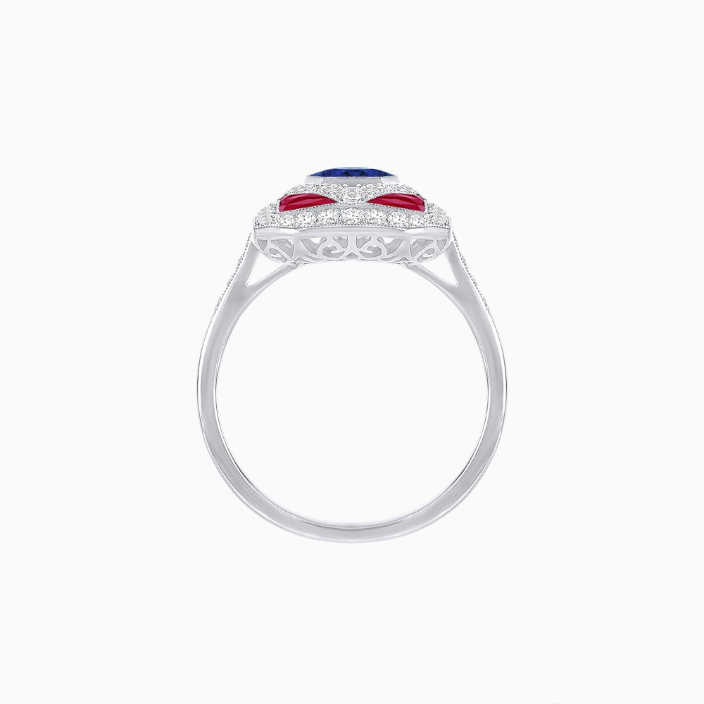 Art Deco Inspired Oval Gemstone Mosaic Diamond Ring - Shahin Jewelry