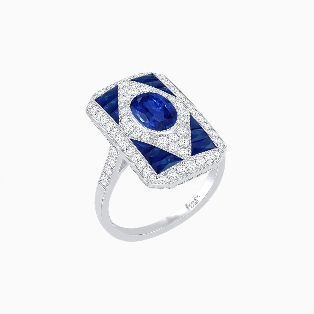 Art Deco Inspired Oval Gemstone Mosaic Diamond Ring - Shahin Jewelry