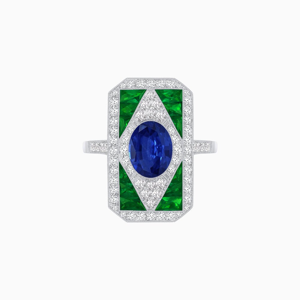 Art Deco Inspired Oval Gemstone Mosaic Diamond Ring - Shahin Jewelry
