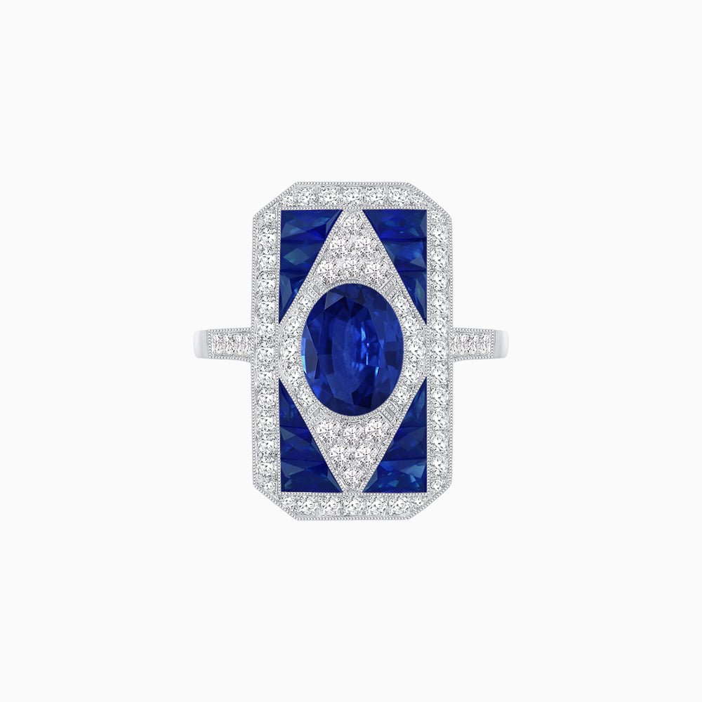 Art Deco Inspired Oval Gemstone Mosaic Diamond Ring - Shahin Jewelry