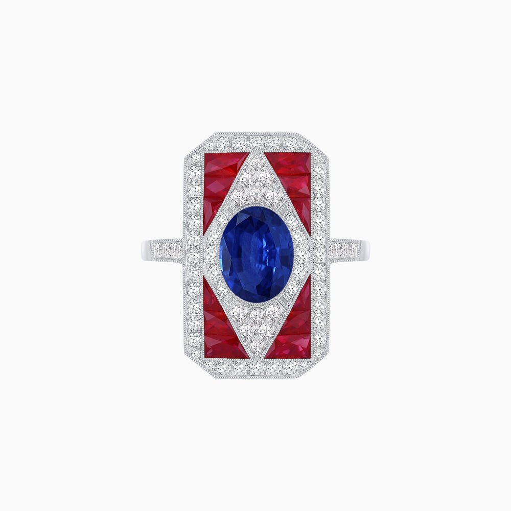 Art Deco Inspired Oval Gemstone Mosaic Diamond Ring - Shahin Jewelry