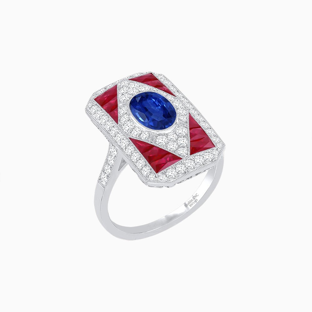 Art Deco Inspired Oval Gemstone Mosaic Diamond Ring - Shahin Jewelry