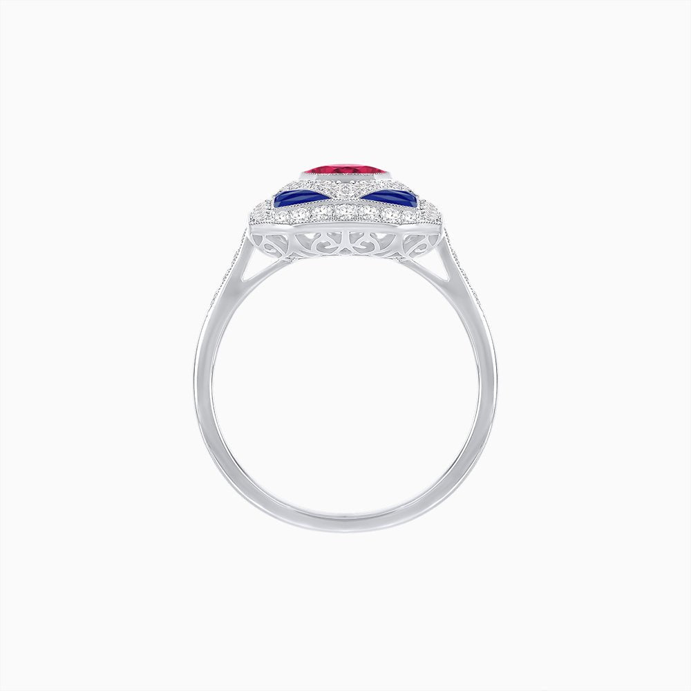 Art Deco Inspired Oval Gemstone Mosaic Diamond Ring - Shahin Jewelry