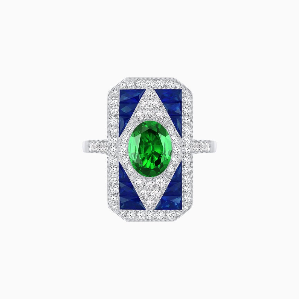 Art Deco Inspired Oval Gemstone Mosaic Diamond Ring - Shahin Jewelry