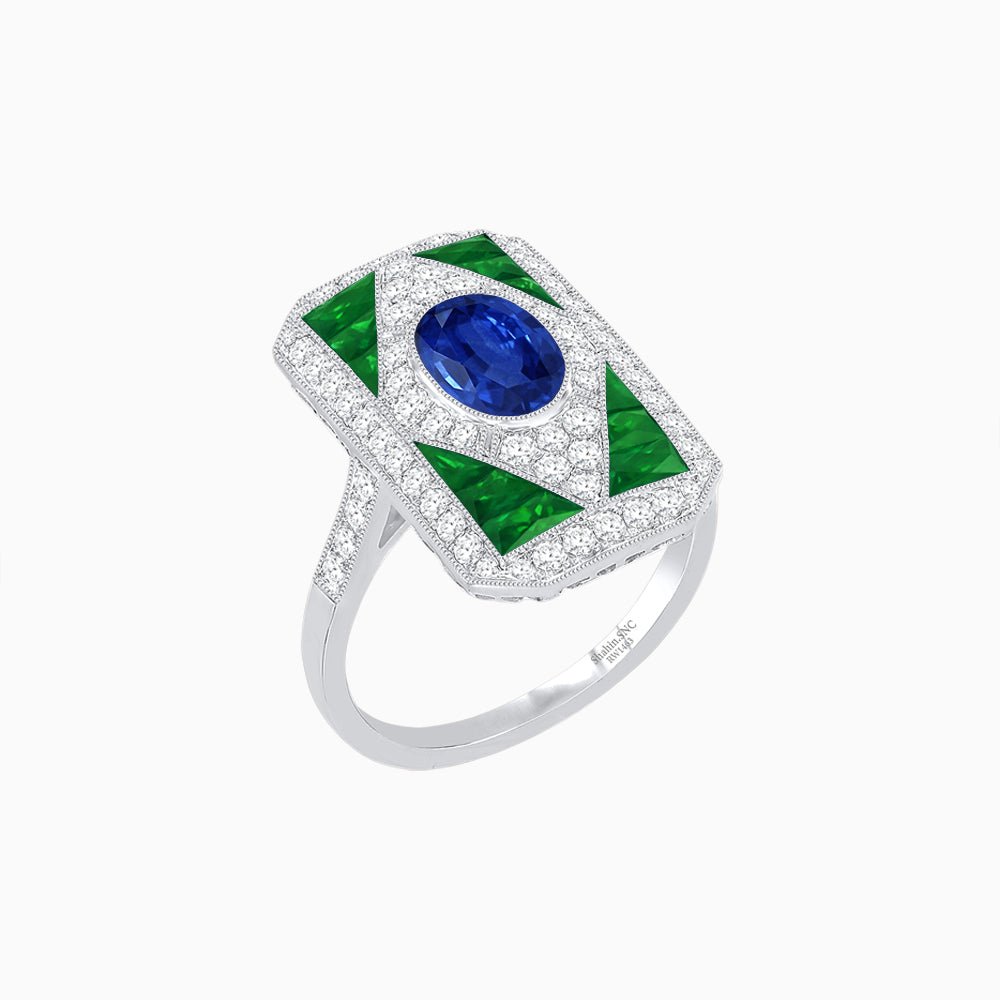 Art Deco Inspired Oval Gemstone Mosaic Diamond Ring - Shahin Jewelry