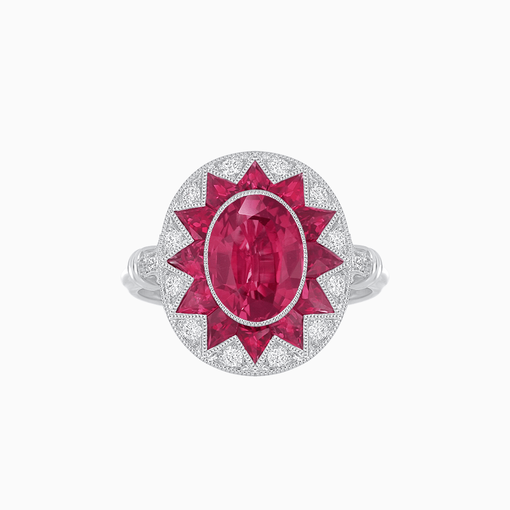 Art Deco Inspired Oval Starburst Calibré-Cut Halo Ring - Shahin Jewelry