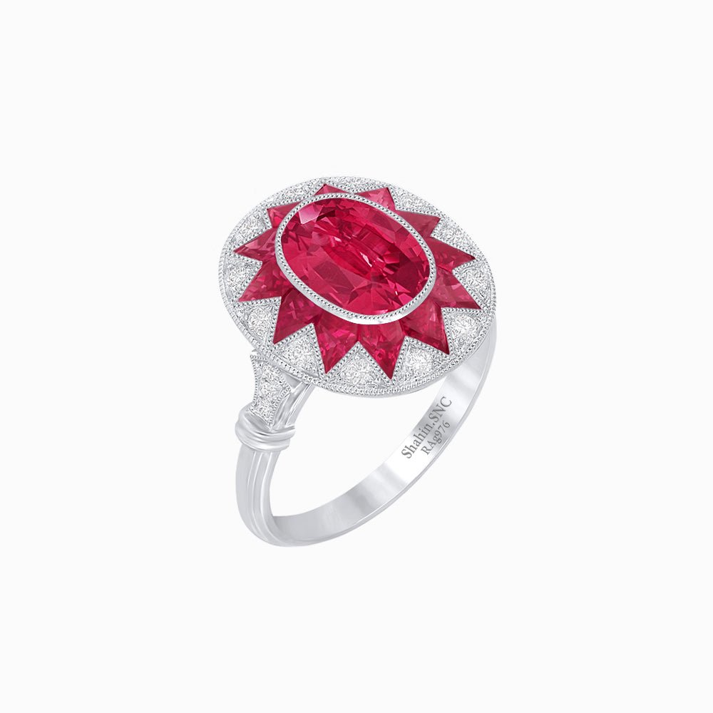 Art Deco Inspired Oval Starburst Calibré-Cut Halo Ring - Shahin Jewelry