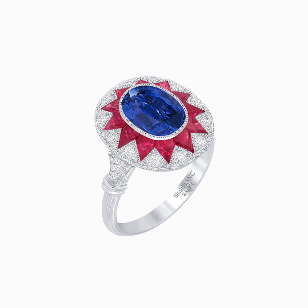 Art Deco Inspired Oval Starburst Calibré-Cut Halo Ring - Shahin Jewelry
