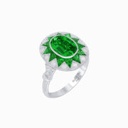 Art Deco Inspired Oval Starburst Calibré-Cut Halo Ring - Shahin Jewelry