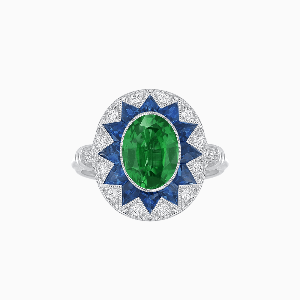 Art Deco Inspired Oval Starburst Calibré-Cut Halo Ring - Shahin Jewelry