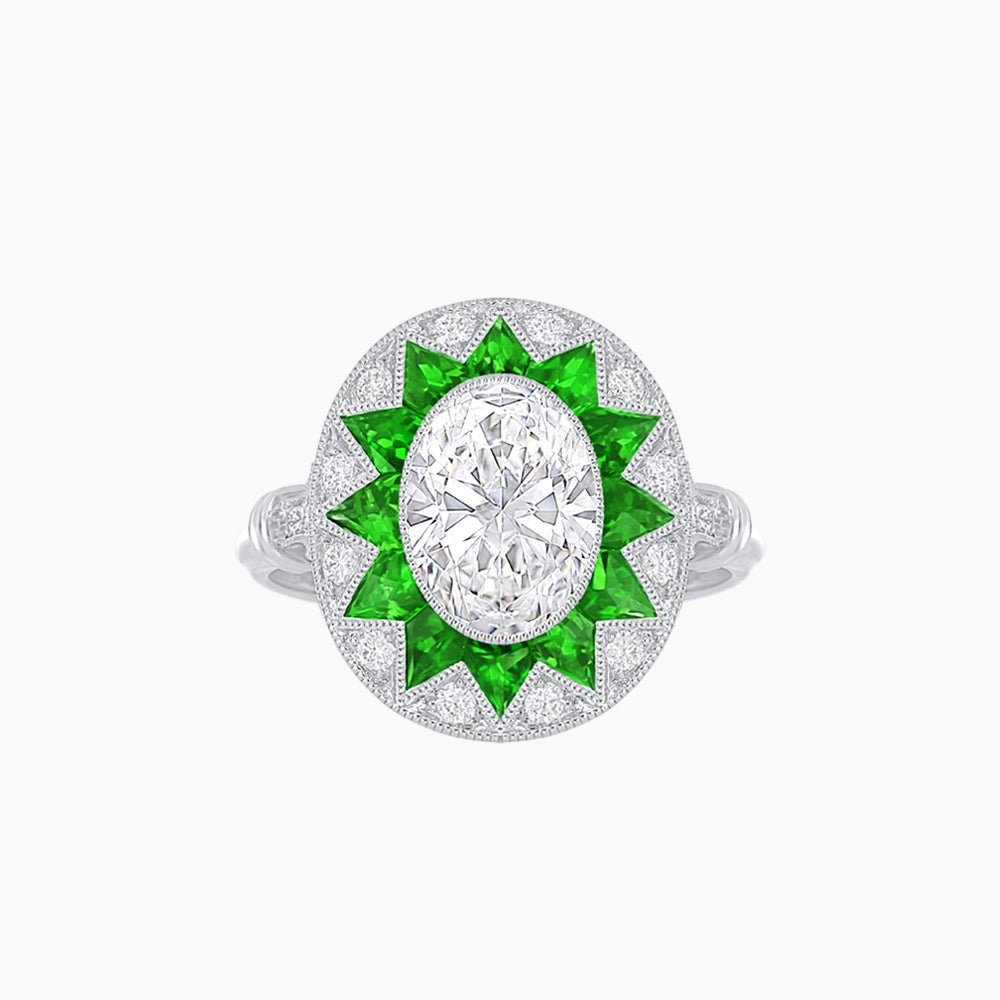 Art Deco Inspired Oval Starburst Calibré-Cut Halo Ring - Shahin Jewelry