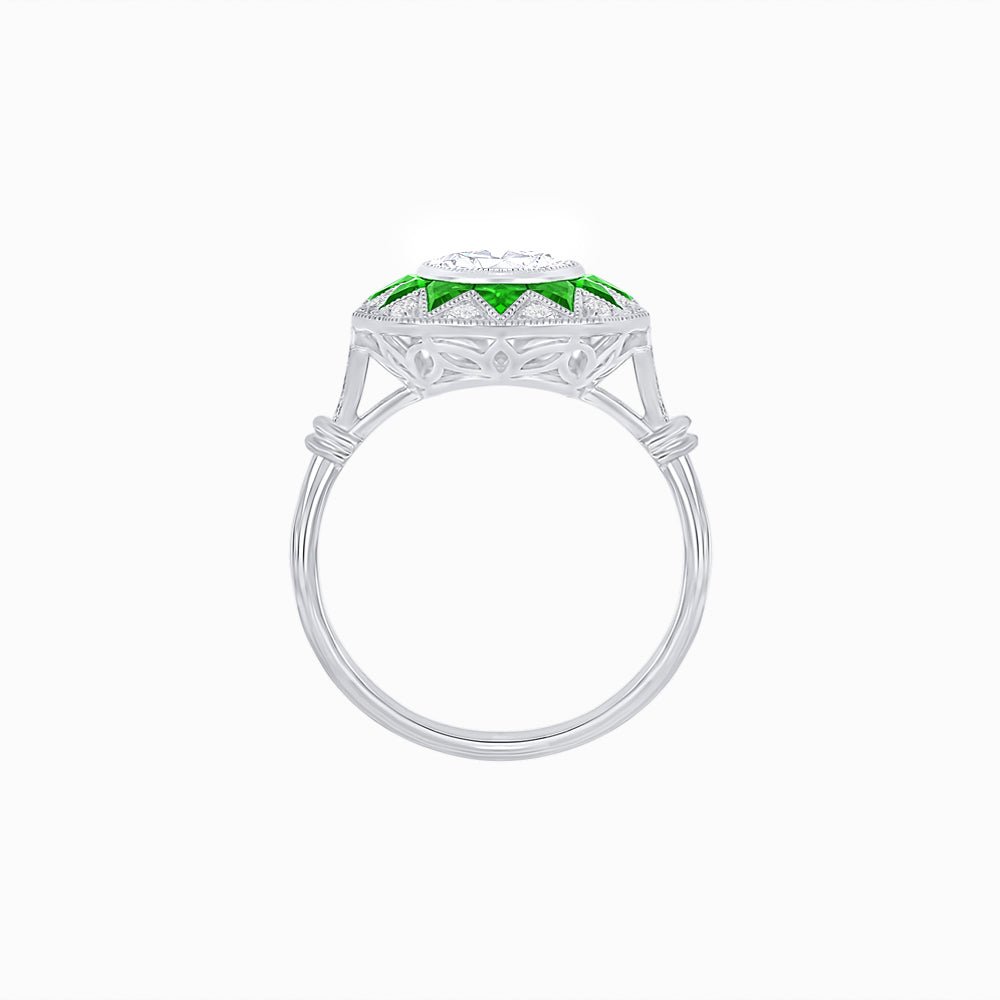 Art Deco Inspired Oval Starburst Calibré-Cut Halo Ring - Shahin Jewelry