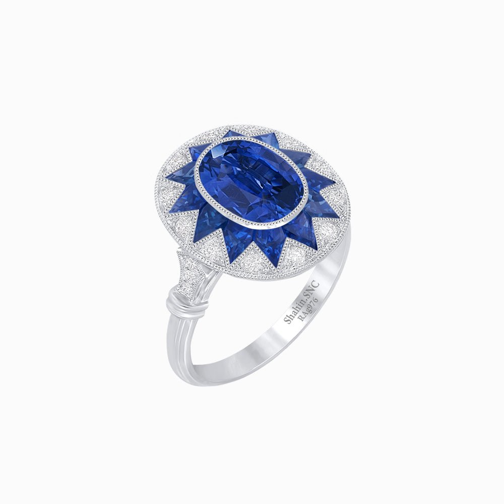 Art Deco Inspired Oval Starburst Calibré-Cut Halo Ring - Shahin Jewelry