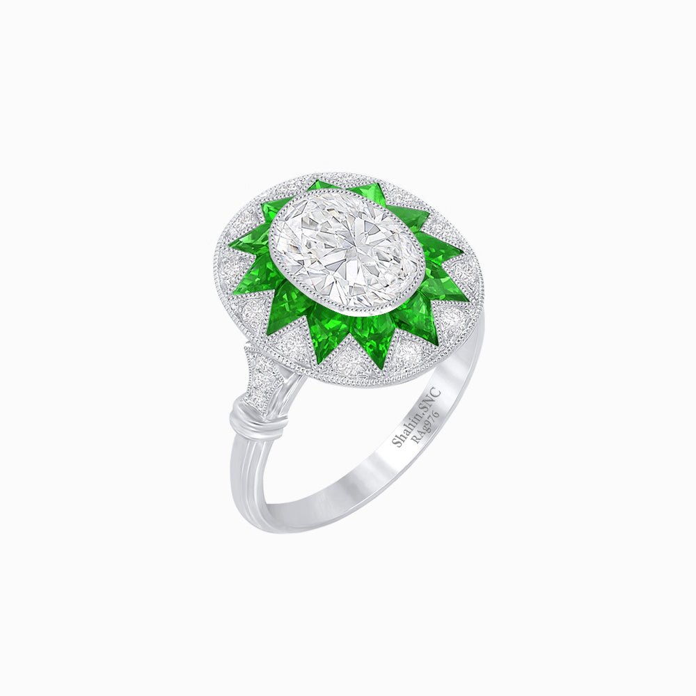 Art Deco Inspired Oval Starburst Calibré-Cut Halo Ring - Shahin Jewelry