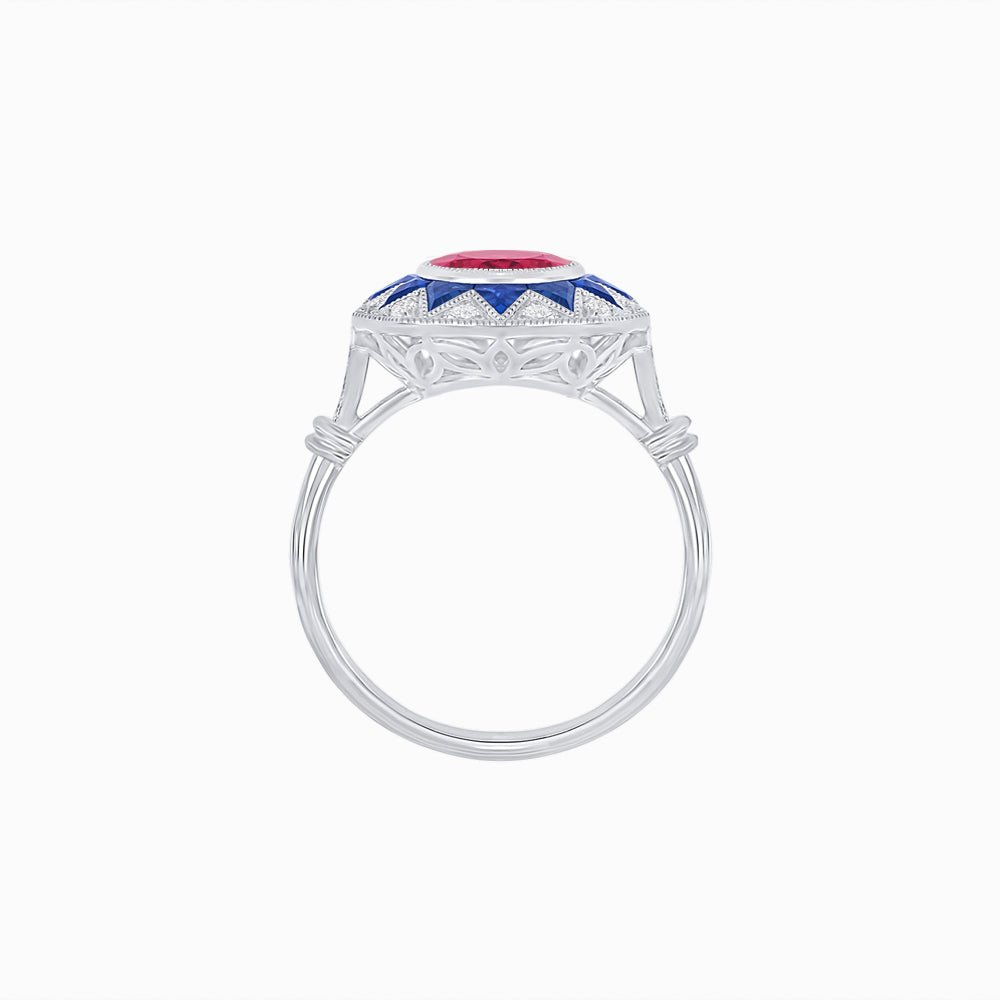 Art Deco Inspired Oval Starburst Calibré-Cut Halo Ring - Shahin Jewelry