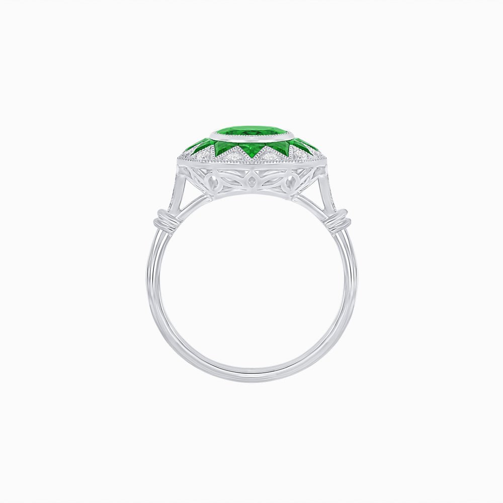 Art Deco Inspired Oval Starburst Calibré-Cut Halo Ring - Shahin Jewelry