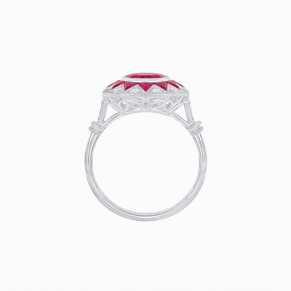 Art Deco Inspired Oval Starburst Calibré-Cut Halo Ring - Shahin Jewelry