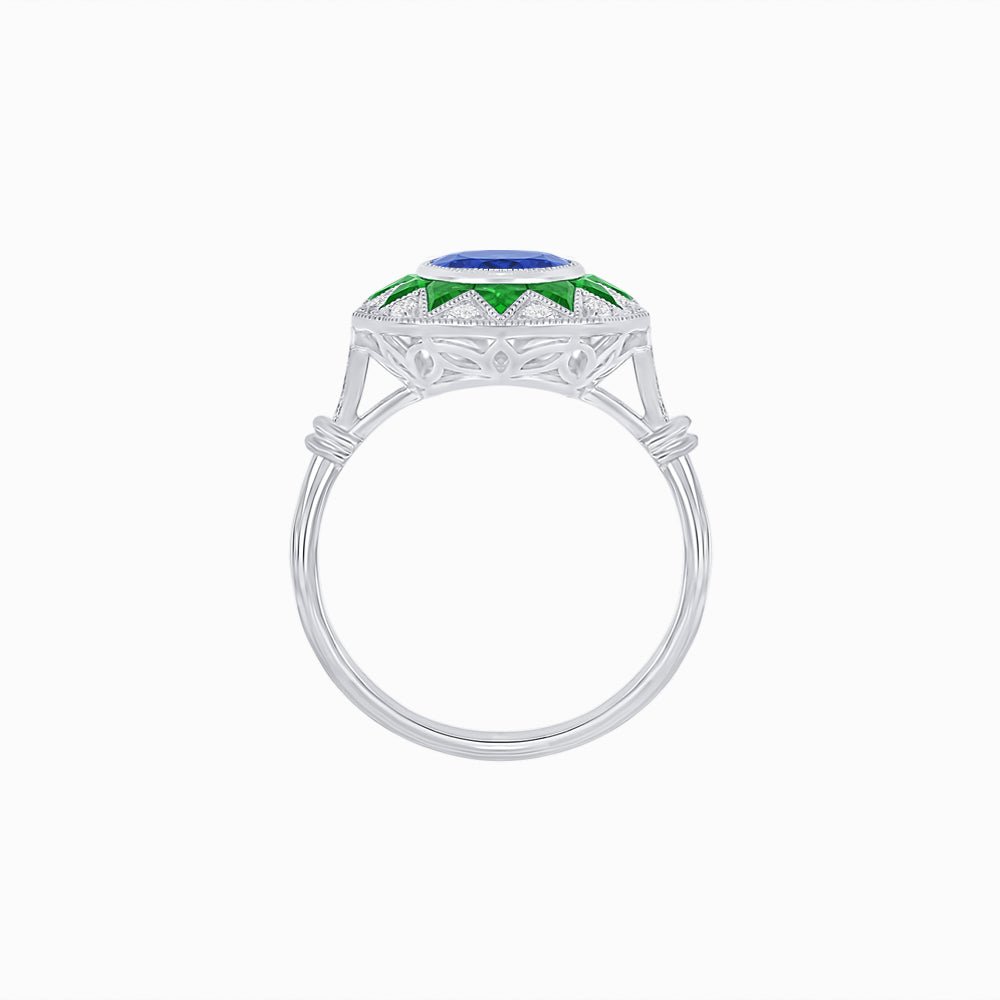 Art Deco Inspired Oval Starburst Calibré-Cut Halo Ring - Shahin Jewelry