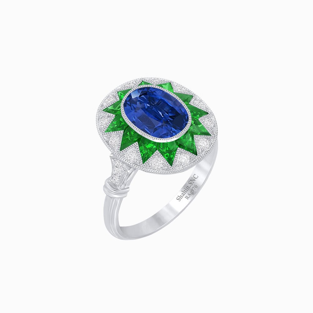 Art Deco Inspired Oval Starburst Calibré-Cut Halo Ring - Shahin Jewelry