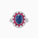 Load image into Gallery viewer, Art Deco Inspired Oval Starburst Calibré-Cut Halo Ring - Shahin Jewelry