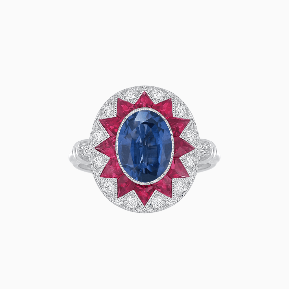 Art Deco Inspired Oval Starburst Calibré-Cut Halo Ring - Shahin Jewelry
