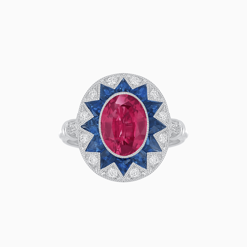Art Deco Inspired Oval Starburst Calibré-Cut Halo Ring - Shahin Jewelry
