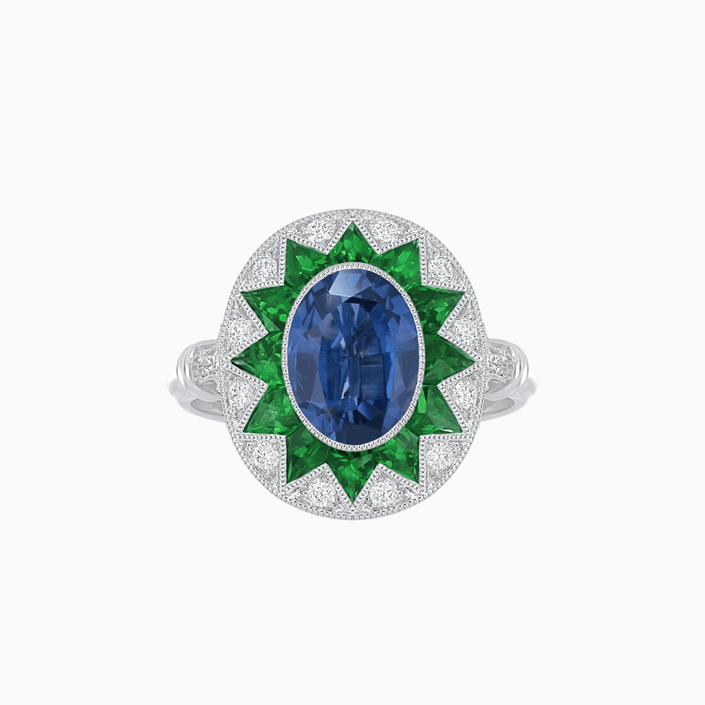 Art Deco Inspired Oval Starburst Calibré-Cut Halo Ring - Shahin Jewelry
