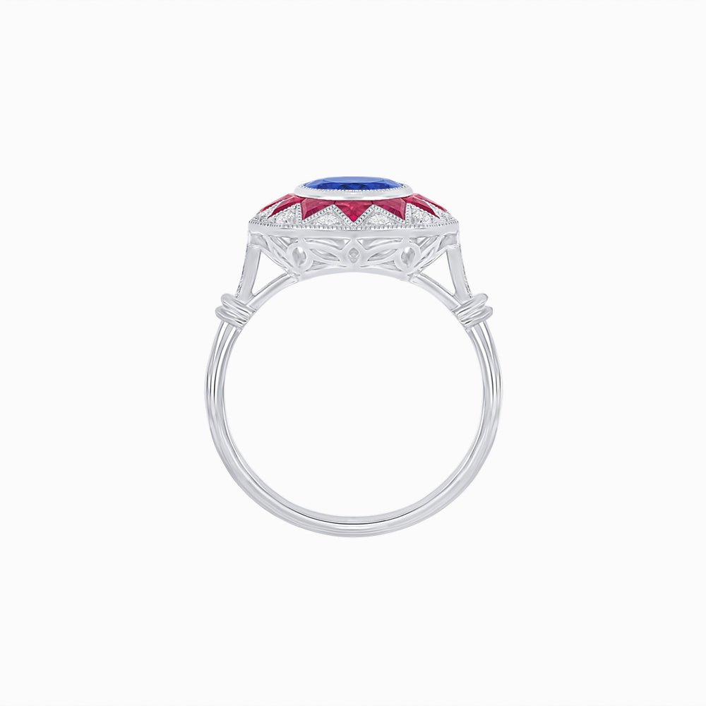 Art Deco Inspired Oval Starburst Calibré-Cut Halo Ring - Shahin Jewelry