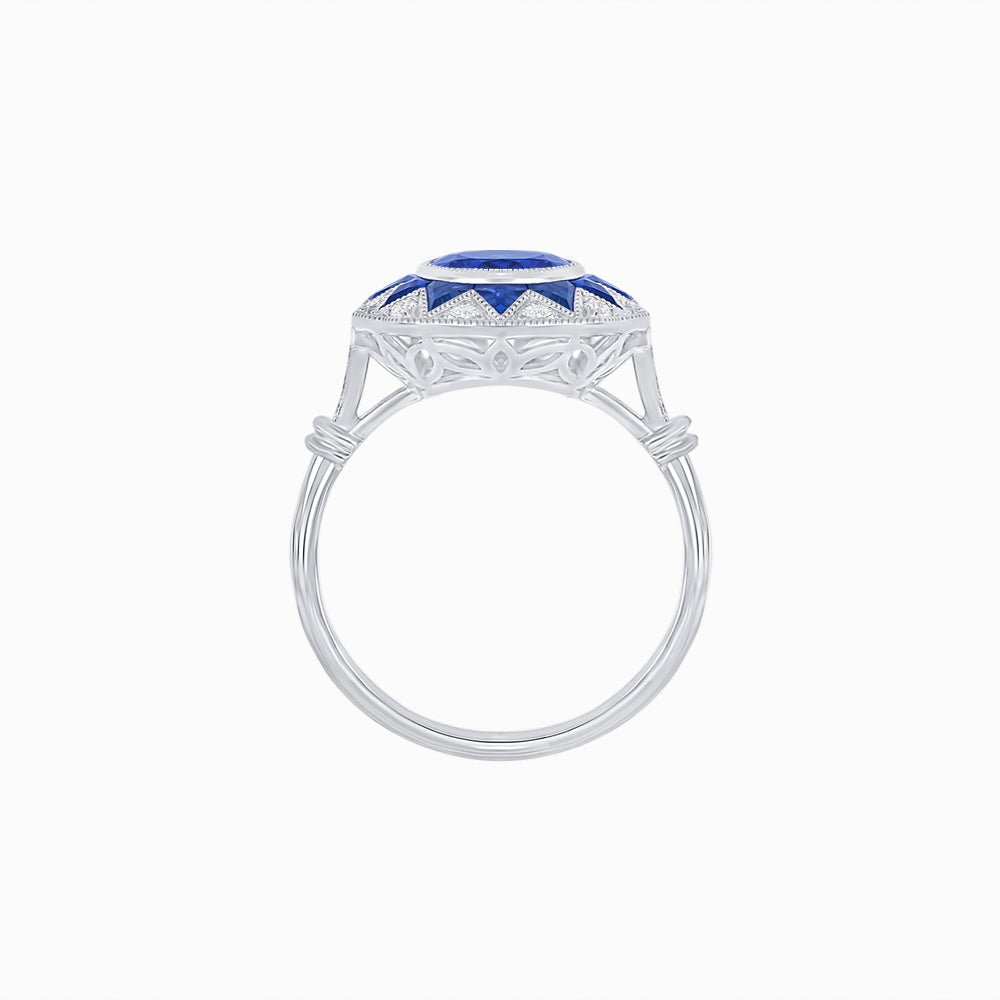 Art Deco Inspired Oval Starburst Calibré-Cut Halo Ring - Shahin Jewelry