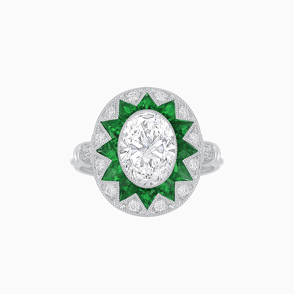 Art Deco Inspired Oval Starburst Calibré-Cut Halo Ring - Shahin Jewelry