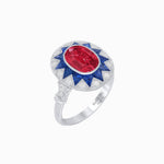 Load image into Gallery viewer, Art Deco Inspired Oval Starburst Calibré-Cut Halo Ring - Shahin Jewelry