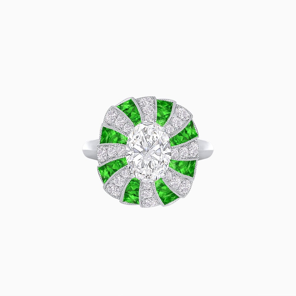 Art Deco Inspired Oval Sunburst Cocktail Ring with Calibré-Cut Gemstones - Shahin Jewelry
