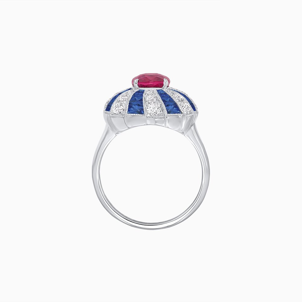 Art Deco Inspired Oval Sunburst Cocktail Ring with Calibré-Cut Gemstones - Shahin Jewelry