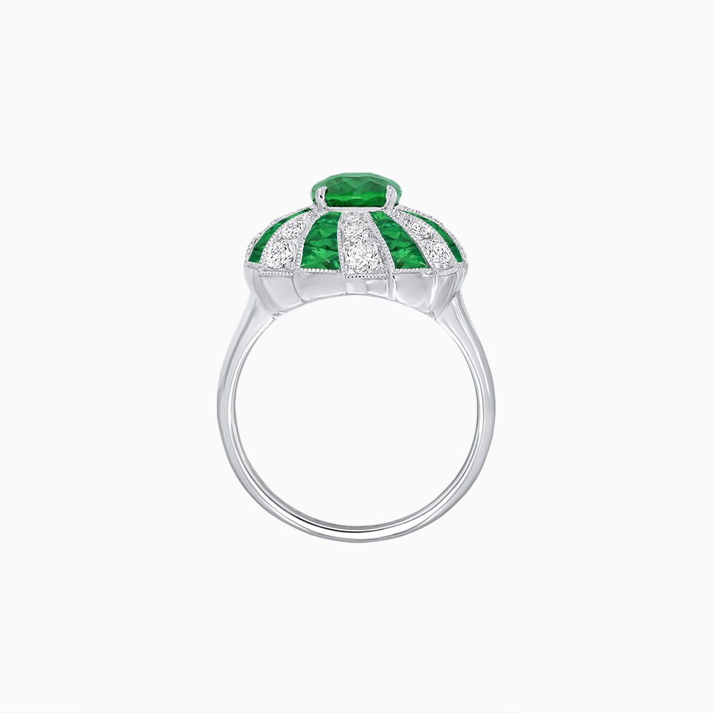 Art Deco Inspired Oval Sunburst Cocktail Ring with Calibré-Cut Gemstones - Shahin Jewelry
