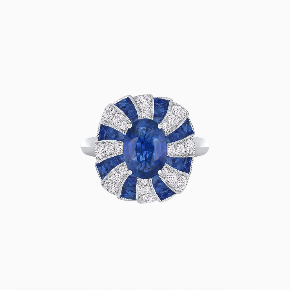 Art Deco Inspired Oval Sunburst Cocktail Ring with Calibré-Cut Gemstones - Shahin Jewelry