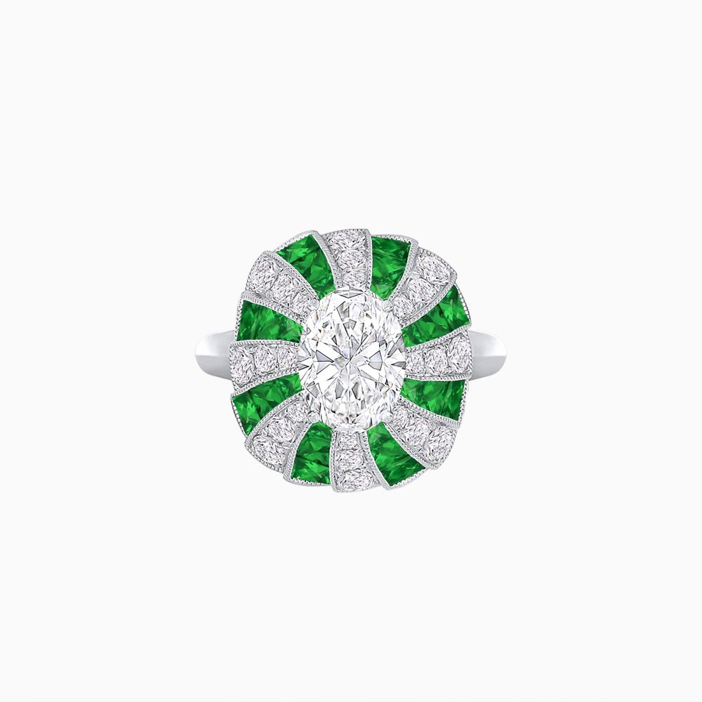 Art Deco Inspired Oval Sunburst Cocktail Ring with Calibré-Cut Gemstones - Shahin Jewelry